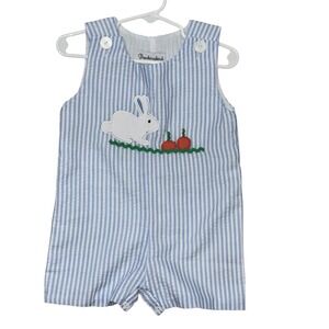 Smockingbird Easter Bunny Seersucker Romper Outfit Blue Striped 12M‎